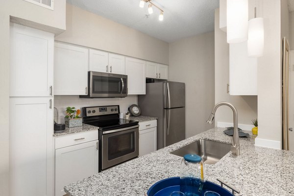 Kitchens featuring modern appliances and island counter at The Riley Apartments