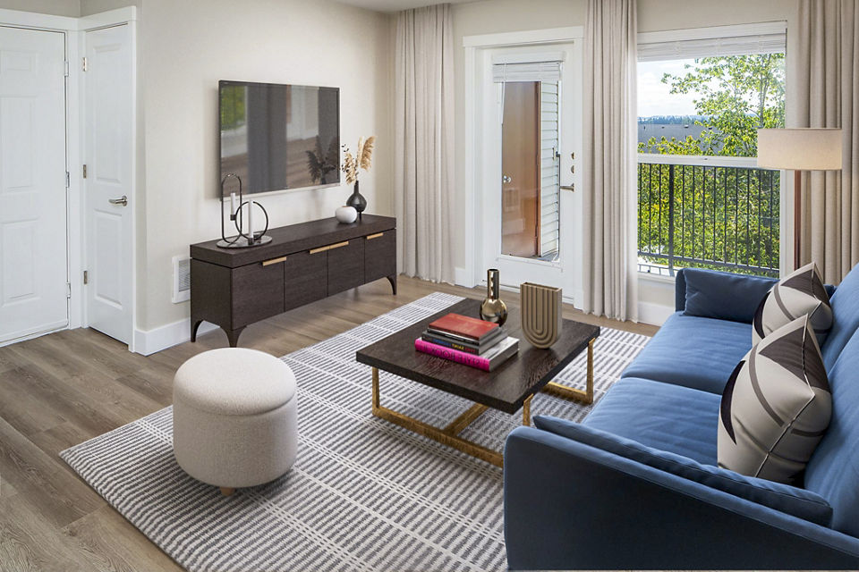 Living room with modern decor and natural light at Arbor Heights Apartments