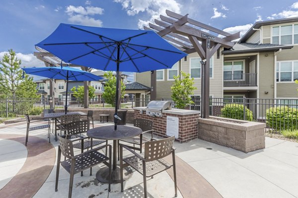 Outdoor grill area with modern seating at Outlook Littleton Apartments, ideal for social gatherings and BBQs in a serene setting