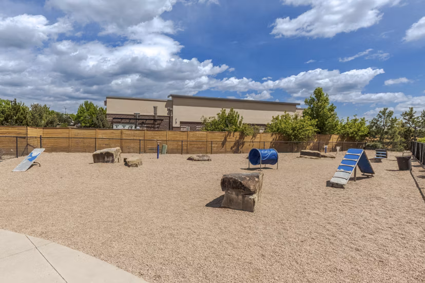 Dog park featuring agility equipment at Outlook Littleton Apartments, perfect for pet-friendly living