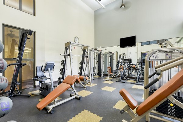 Modern fitness center with cardio and strength equipment at Artessa at Quarry Village Apartments