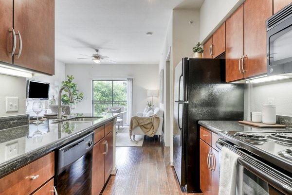 Modern kitchen with stainless steel appliances at Artessa at Quarry Village Apartments