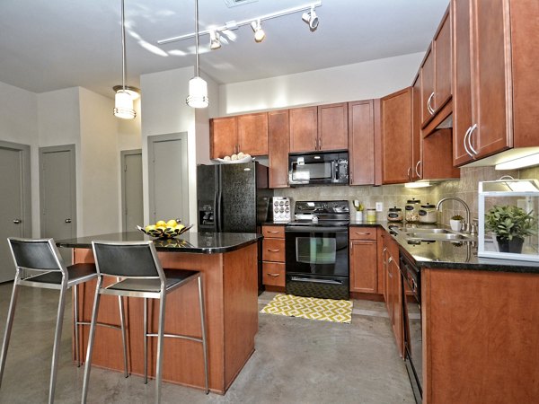 Modern kitchen with stainless steel appliances in The Residence Apartments and Lofts at The Triangle