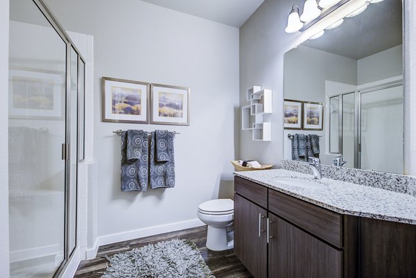 Modern bathroom with sleek fixtures in Boardwalk Research Luxury Apartments
