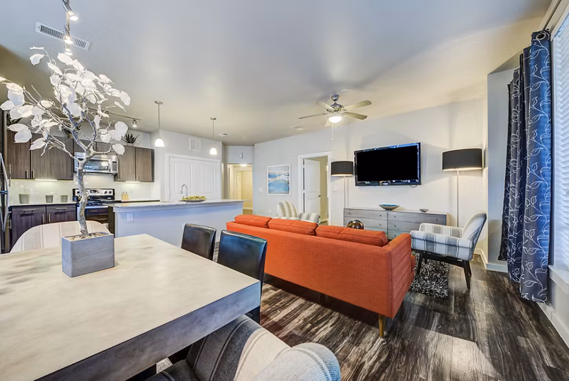 Dining room featuring modern decor and elegant lighting at Boardwalk Research Luxury Apartments