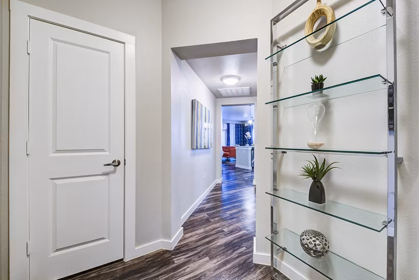 Welcoming entrance hallway with elegant decor at Boardwalk Research Luxury Apartments