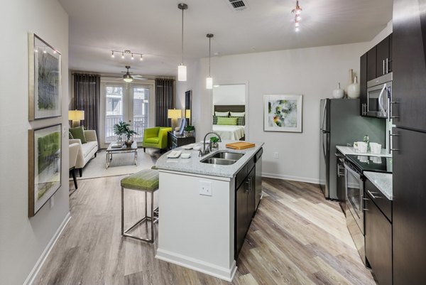 Modern kitchen with stainless appliances and granite countertops in 1100 South Apartments