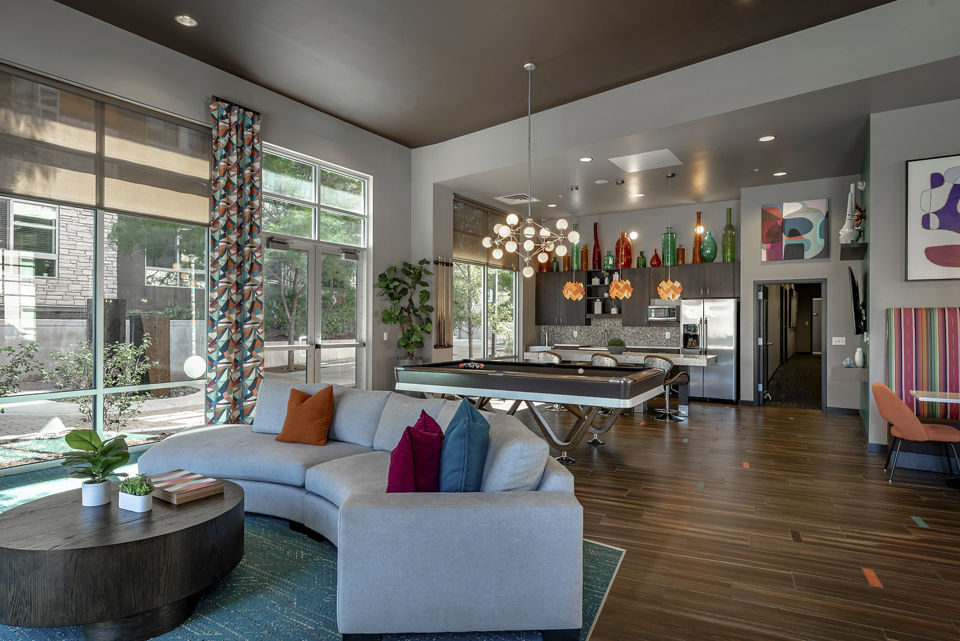 Stylish clubhouse with modern dÃ©cor at Outlook Golden Ridge Apartments