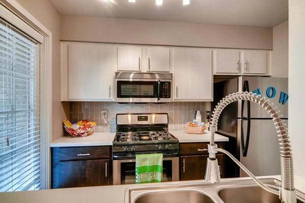 Modern kitchen with stainless steel appliances at The Cortesian Apartments
