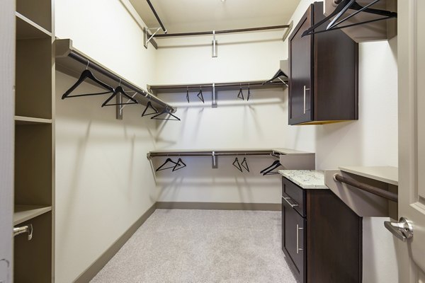 Walk-in closet with ample shelving in the bedroom at Virage Luxury Apartments
