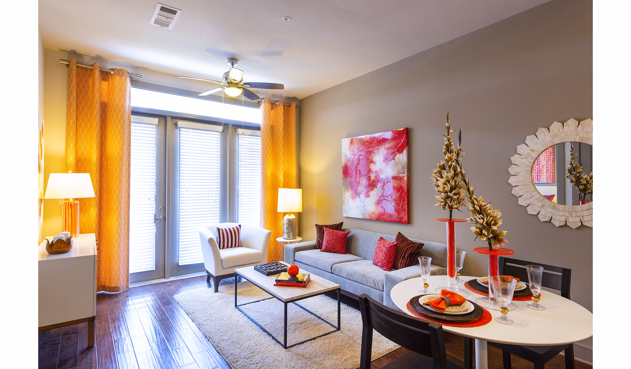 Spacious living room with modern decor at Virage Luxury Apartments, ideal for comfortable urban living and relaxation