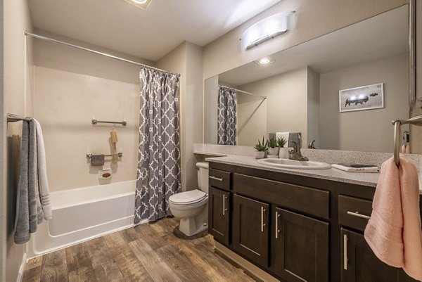 Luxurious bathroom with modern fixtures at The Seasons Apartments