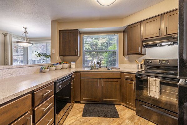 Modern kitchen with stainless steel appliances at The Seasons Apartments, luxury living by Greystar in a convenient location