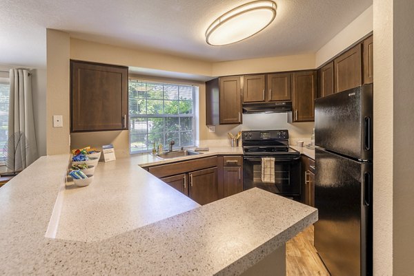 Modern kitchen with stainless steel appliances and island at The Seasons Apartments
