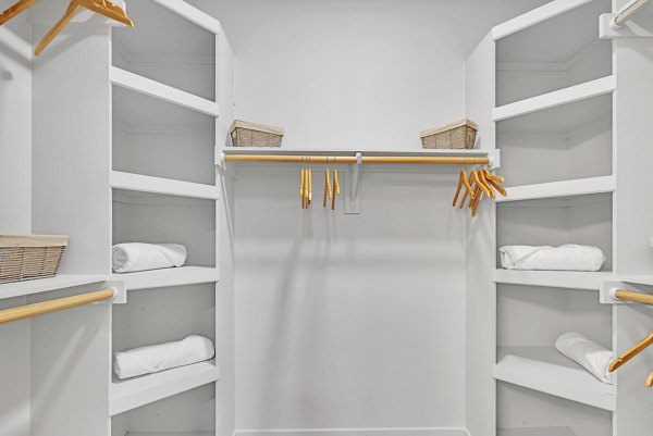 Spacious closet with ample storage in Oak & Ellum Apartments luxury unit