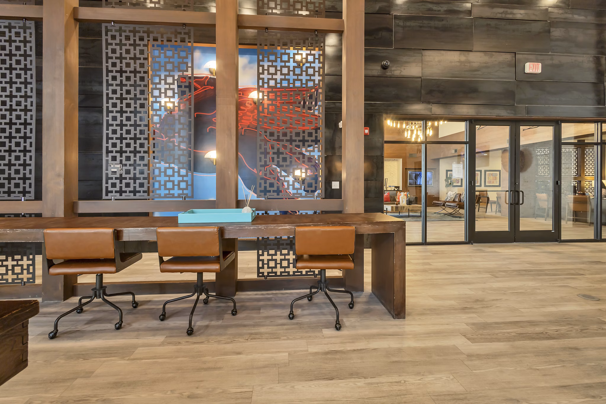 Elegant clubhouse with modern seating areas at Oak & Ellum Apartments