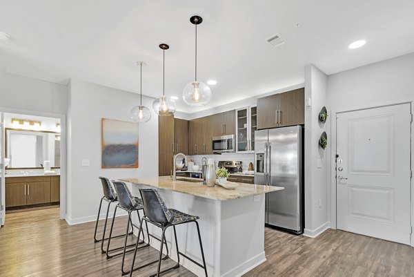 Modern kitchen with stainless steel appliances at Oak & Ellum Apartments, luxury living with premium amenities in the heart of downtown