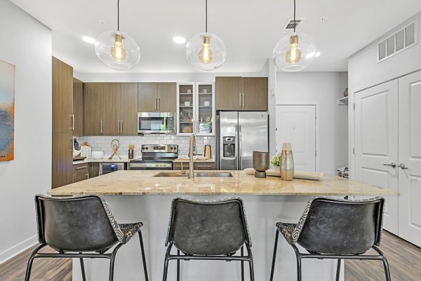 Modern kitchen with stainless steel appliances at Oak & Ellum Apartments in Greystar luxury community