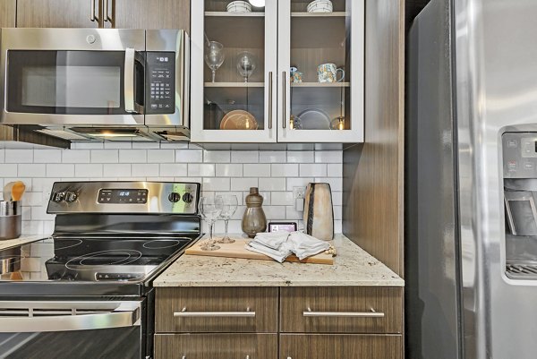 Elegant kitchen with sleek cabinetry and stainless steel appliances in Oak & Ellum Apartments, a luxury living option in a vibrant community