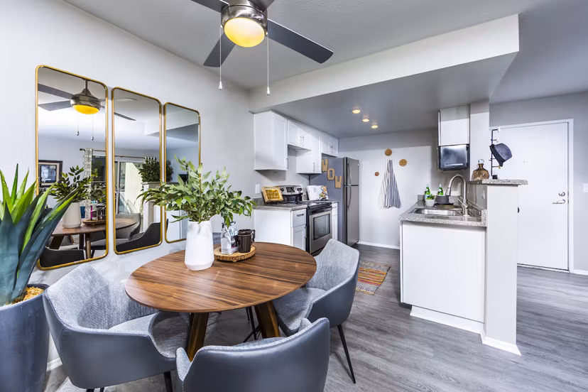Dining area featuring modern design and elegant lighting at Avana Rancho Cucamonga Apartments