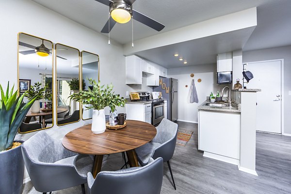Dining area featuring modern design and elegant lighting at Avana Rancho Cucamonga Apartments