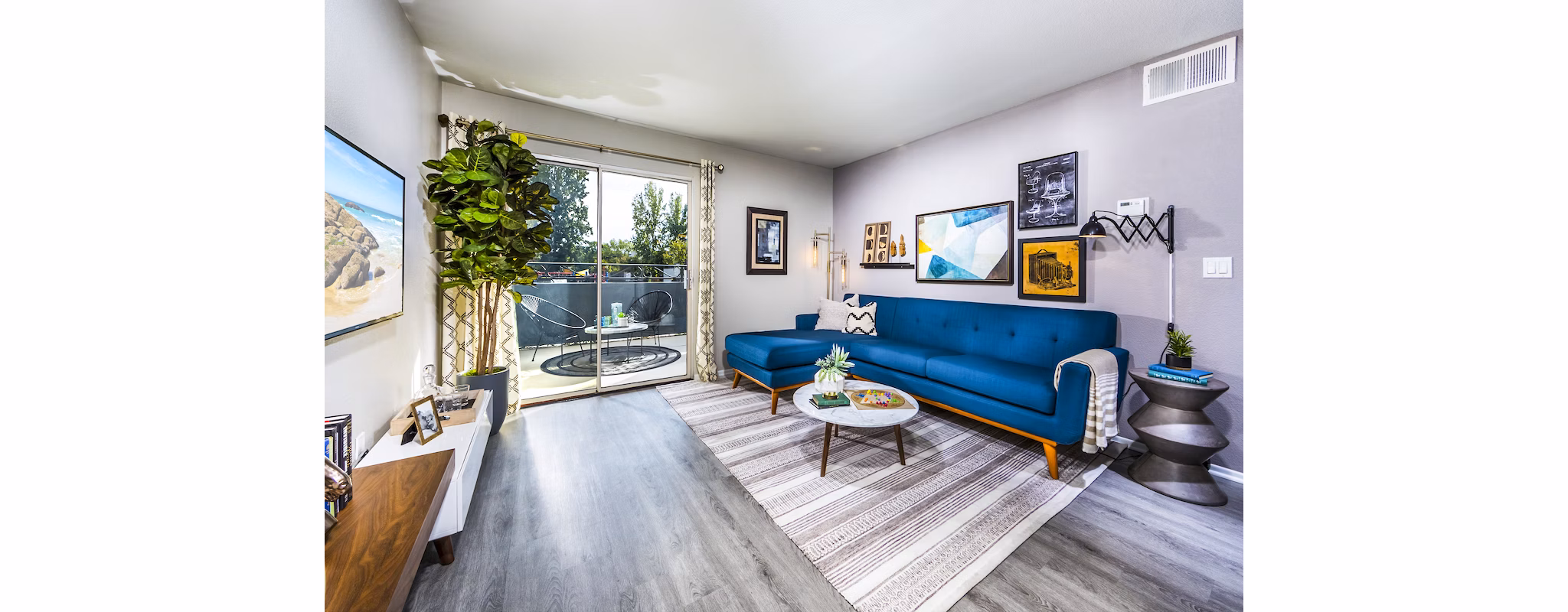 Bright living room with modern decor in Avana Rancho Cucamonga Apartments