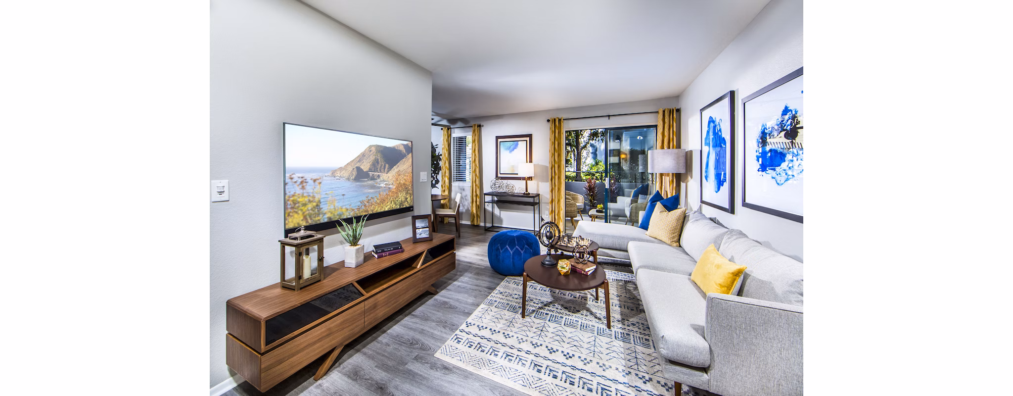 Spacious living room with modern decor at Avana Rancho Cucamonga Apartments