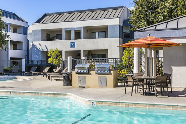 Luxurious pool at Avana Rancho Cucamonga Apartments featuring sun loungers and palm trees, perfect for relaxing in the California sun