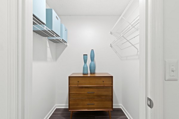 Bedroom with custom closet at Avana City Park Apartments, featuring ample storage space in Greystar's luxury apartment community