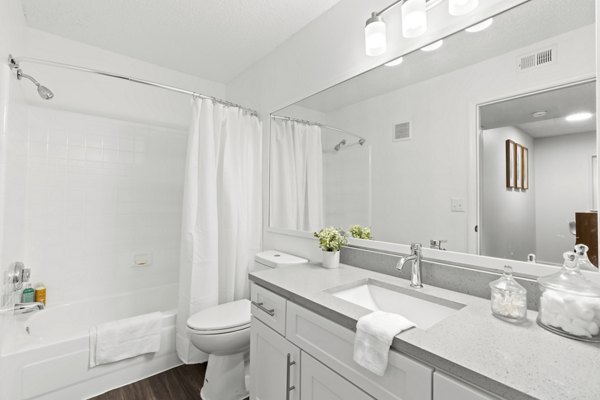 Bathroom featuring modern fixtures and granite countertops in Avana City Park Apartments