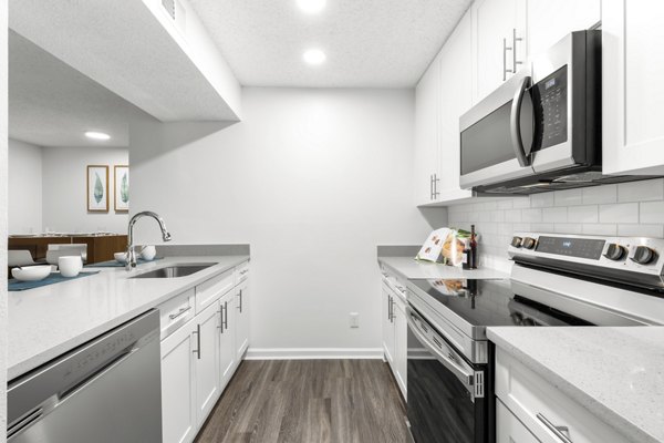 Modern kitchen with sleek cabinetry and stainless steel appliances at Avana City Park Apartments