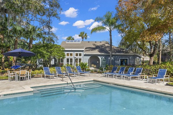 Resort-style pool with cabanas at Avana City Park Apartments, luxury living by Greystar in an urban oasis setting
