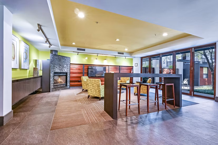 Clubhouse featuring modern design elements at The Stories Apartments in a Greystar luxury community