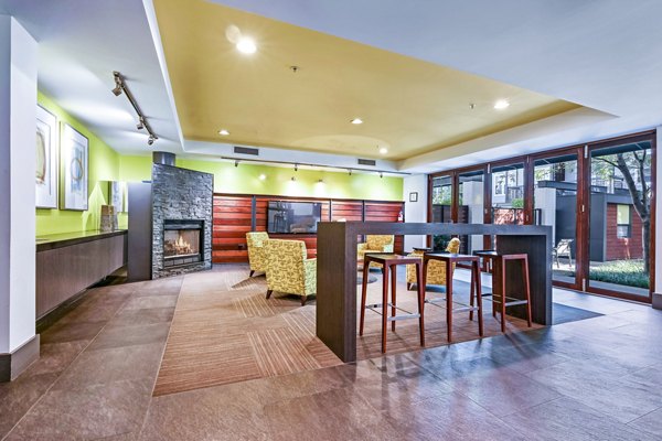 Clubhouse featuring modern design elements at The Stories Apartments in a Greystar luxury community