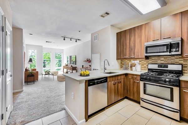 Modern kitchen featuring sleek cabinetry and stainless steel appliances in The Stories Apartments luxury community