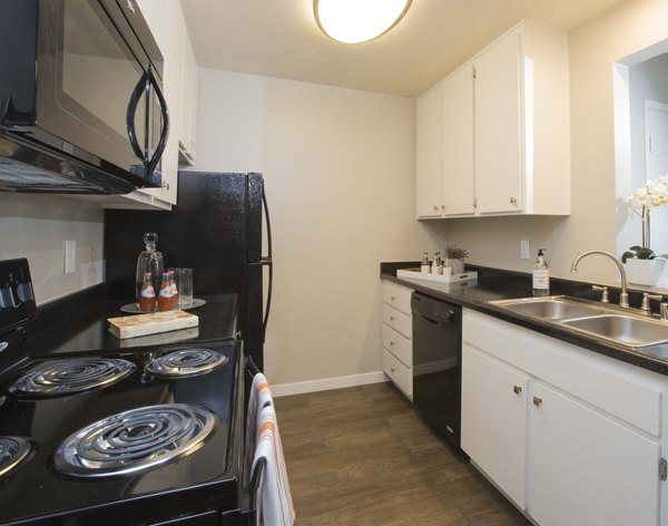 Galley kitchen with stainless steel appliances and granite countertops at Amara Apartments