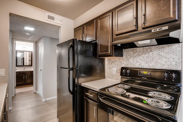 Modern kitchen with stainless steel appliances at Copperwood Apartments