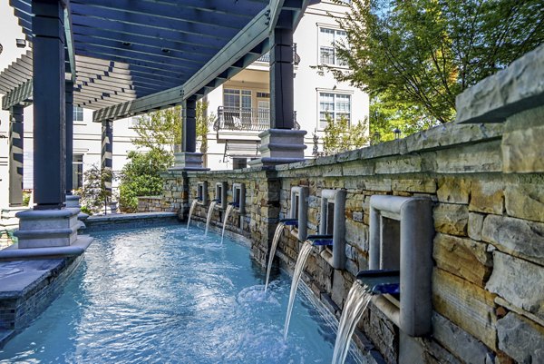 Luxury pool area with palm trees at Avana Uptown luxury apartments