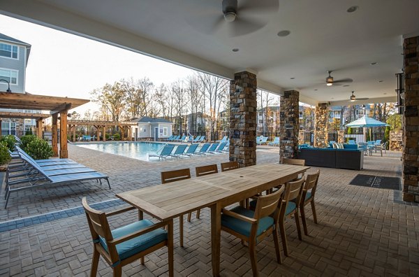 Spacious patio with modern seating at Element Ballantyne Apartments, luxury living in a serene Charlotte community