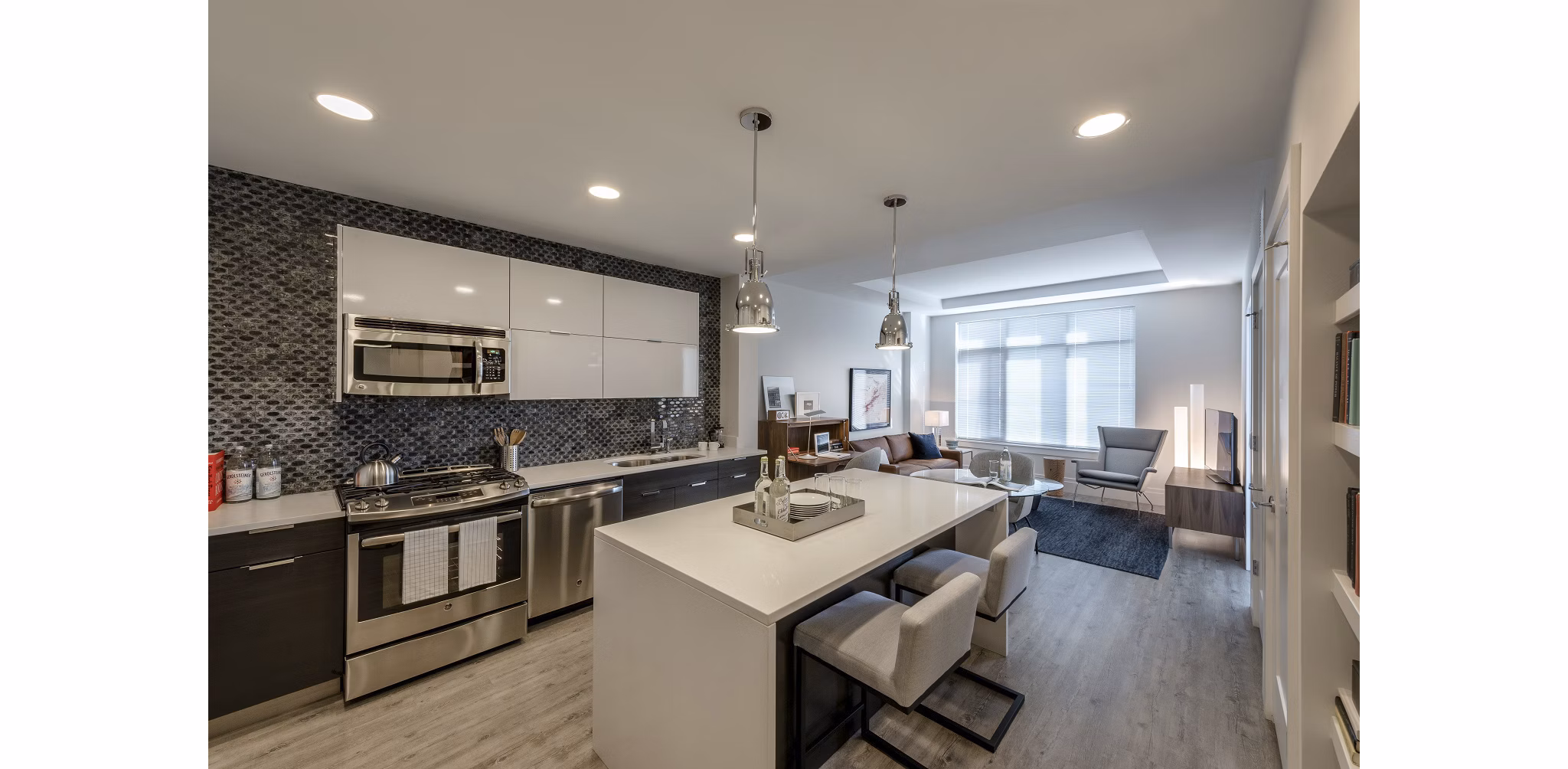 Pike and Rose Pallas: Contemporary kitchen design with stainless steel appliances and modern finishes in North Bethesda apartments