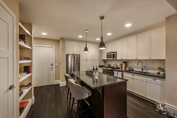 Modern kitchen with stainless steel appliances at Pike and Rose Pallas luxury apartments