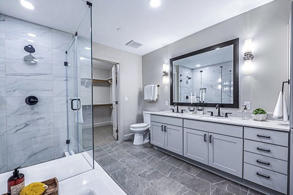 Modern bathroom with sleek fixtures at Novel River Oaks Apartments, offering luxury living in the heart of Houston