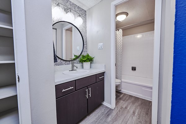 Modern bathroom with sleek fixtures and granite countertops in The Lodge Apartment Homes
