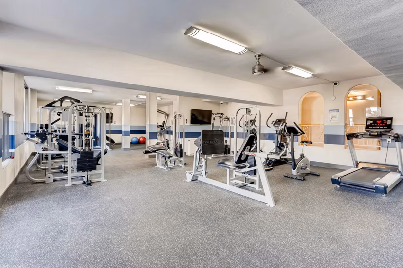 State-of-the-art fitness center with modern equipment at The Lodge Apartment Homes