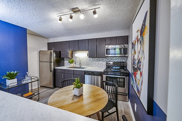 Modern kitchen with sleek cabinetry and stainless steel appliances in The Lodge Apartment Homes
