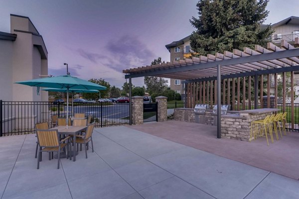 Outdoor grill area at The Lodge Apartment Homes with picnic tables and BBQ facilities