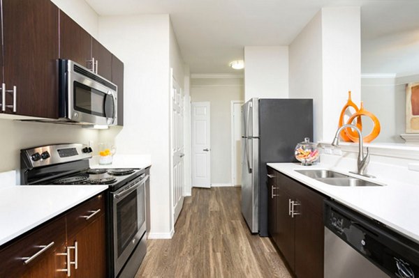 Modern kitchen with granite countertops and stainless steel appliances in Aspen Ridge Apartments