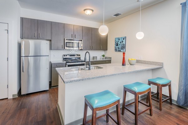 Open-concept kitchen layout featuring modern appliances in M Station Apartments' luxury floor plan
