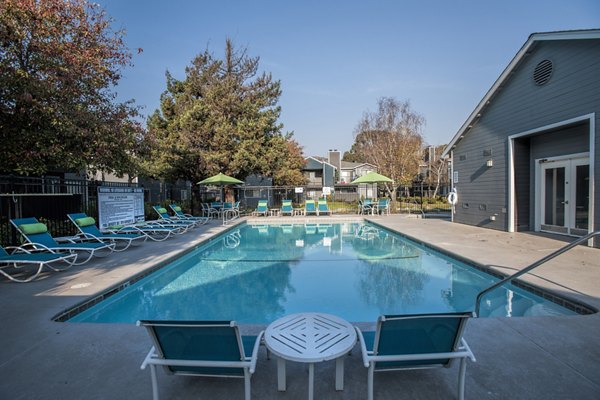 Resort-style pool with sun loungers at Cypress Creek Apartments