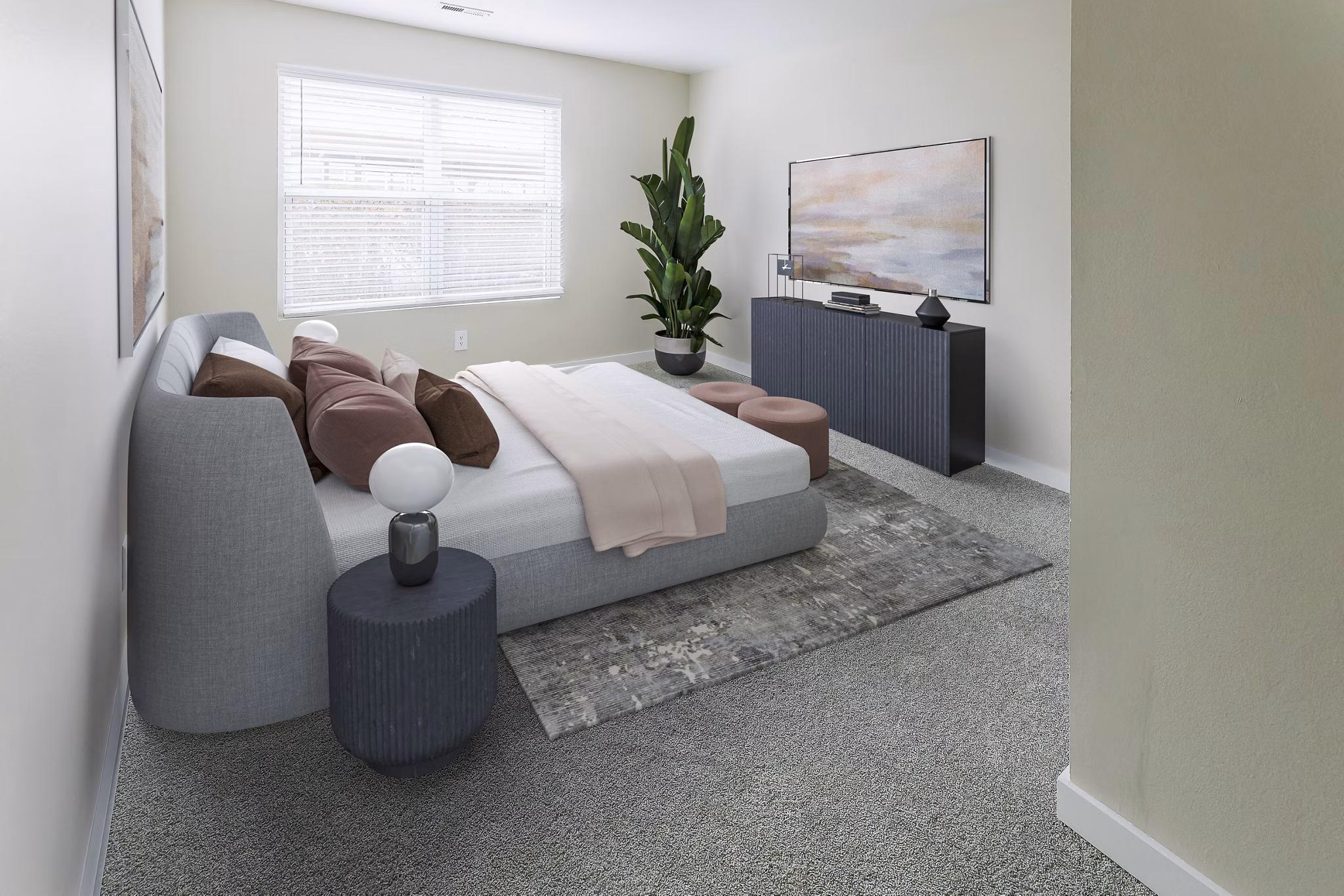 Cozy bedroom with modern dÃ©cor at Sun River Village Apartments